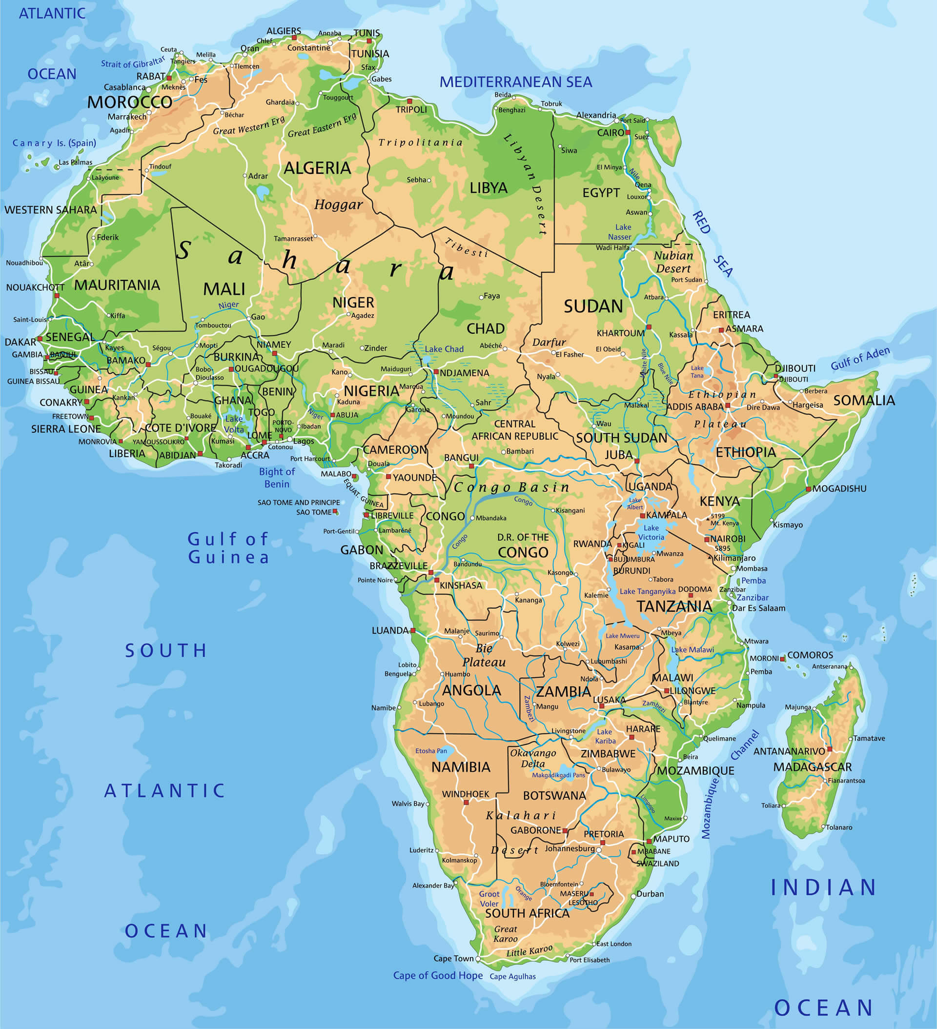 Carte physique détaillée de l'Afrique